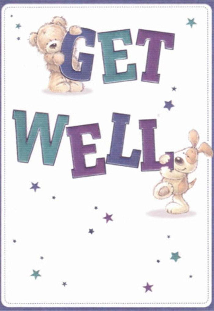 Across a canvas of crisp cream, this get well card offers a gentle embrace, its design imbued with the warmth and friendliness you might find in a Chelsea garden on a spring morning. The central figures-a huggable bear and a lively, long-eared puppy-are painted with exquisite sensitivity, their soft fur rendered into fluffy textures that nearly beckon a comforting touch. Between them, whimsical stars in varying shades of blue and purple twinkle, inviting thoughts of hope and renewal, much like the first blooms that arrive along the Chelsea Embankment in early springtime. The hand-lettered 'Get Well,' bold and lively in aquas and violets, seems to lift from the page in celebration. Each brushstroke recalls the artistry found in a bouquet arranged by Chelsea Florist: details carefully layered to spark comfort and encouragement. The background's pristine white offers a sense of clarity and new beginnings, while the bear and puppy's playful expressions communicate a message that bridges age and circumstance. Sending this card-perhaps alongside a fresh bouquet for same-day delivery across Chelsea-provides not just a wish but a tangible sense of care, perfect for brightening spirits on the path to recovery.
